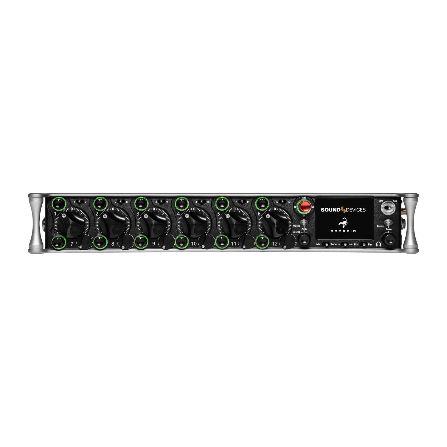 Sound Devices Scorpio Portable Mixer-Recorder: The front panel with its 16 channel controls and screen.