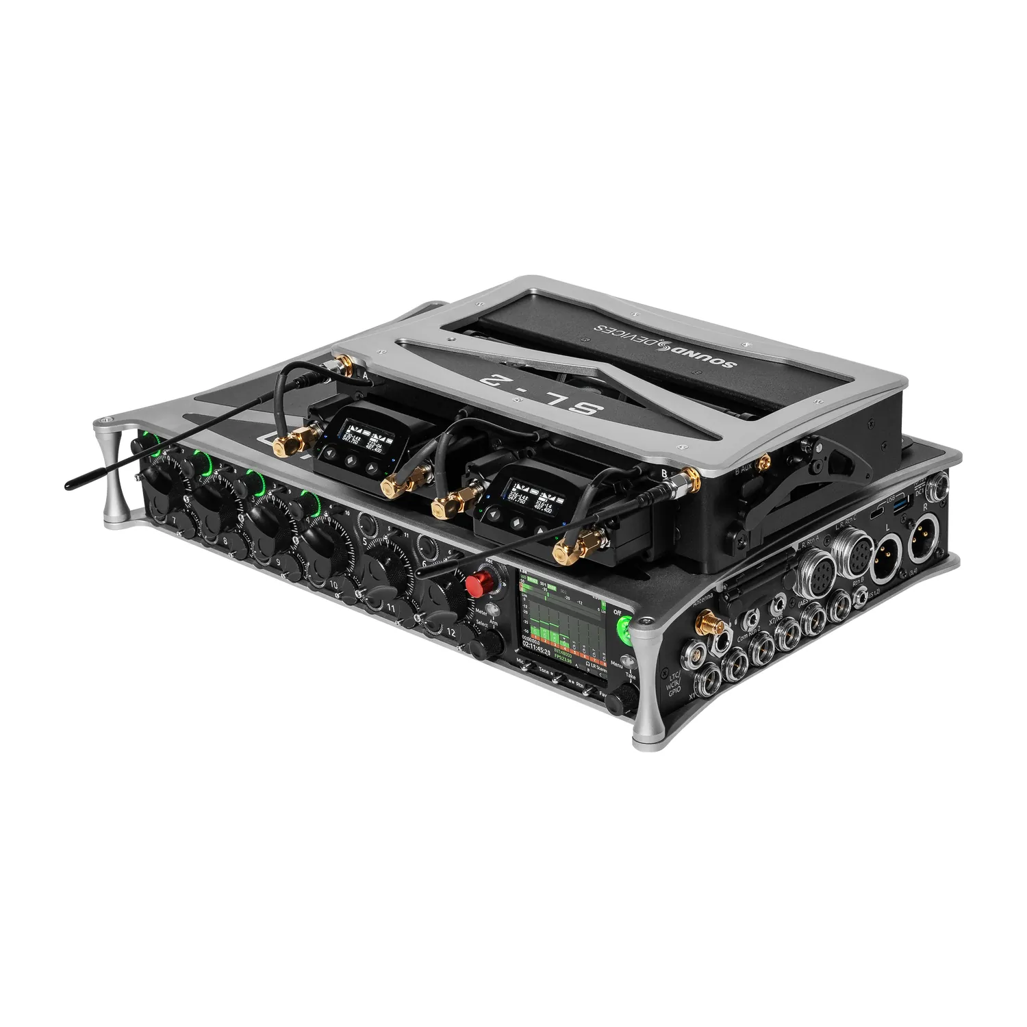 Sound Devices SL-2 Dual SuperSlot Wireless Module for 8-Series: The SL-2 mounted on a Scorpio with two slot-in receivers fitted.
