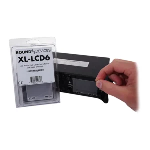 Sound Devices XL-LCD6 Screen Covers for 6-Series (4-Pack): The packaged covers held beside a 6-Series screen.
