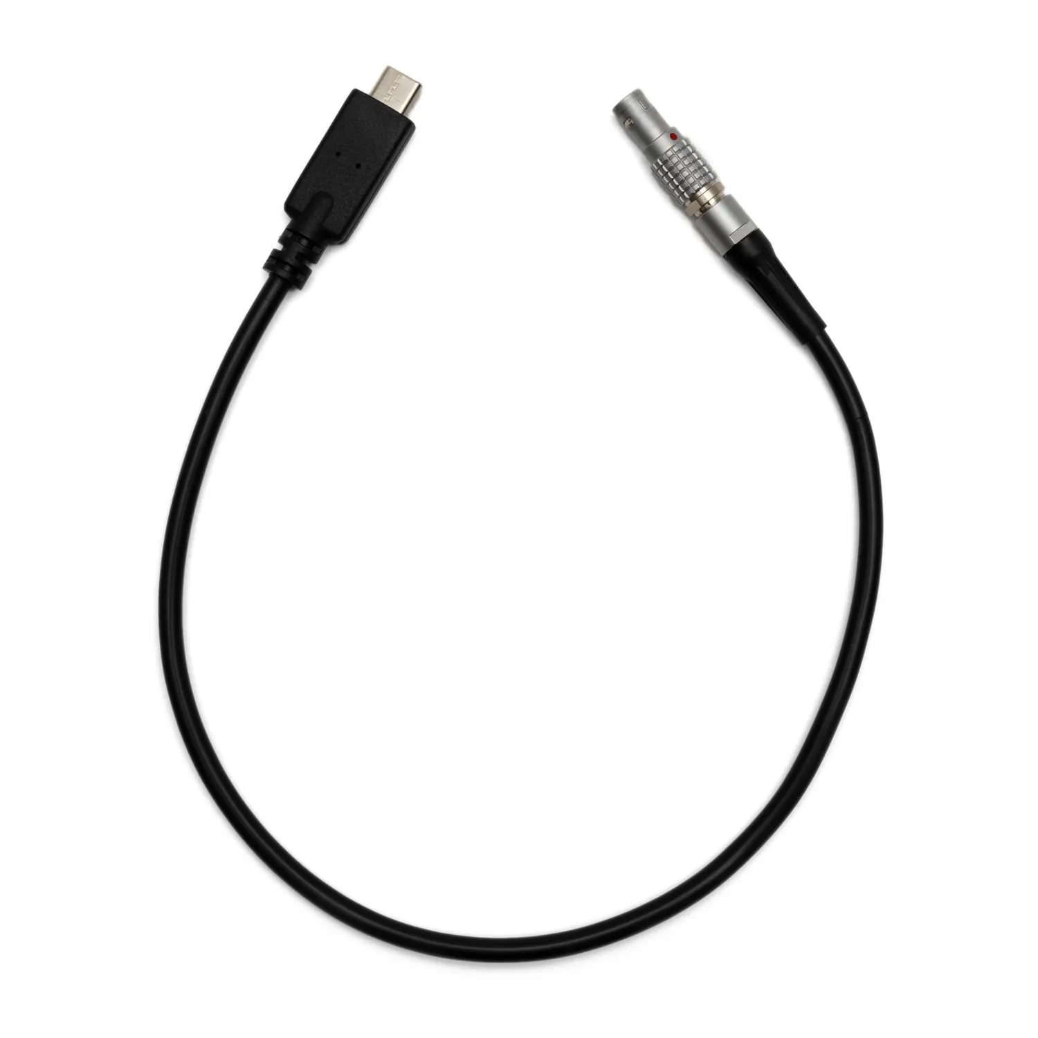 Sound Devices XL-TC-USBC-LEMO 5-Pin LEMO to USB-C Timecode Cable: The black cable with its 5-pin LEMO and USB-C connectors.