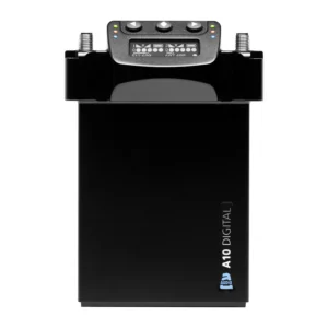 Sound Devices A10-RX Two-Channel Receiver: The receiver standing upright, its OLED display and controls on top.