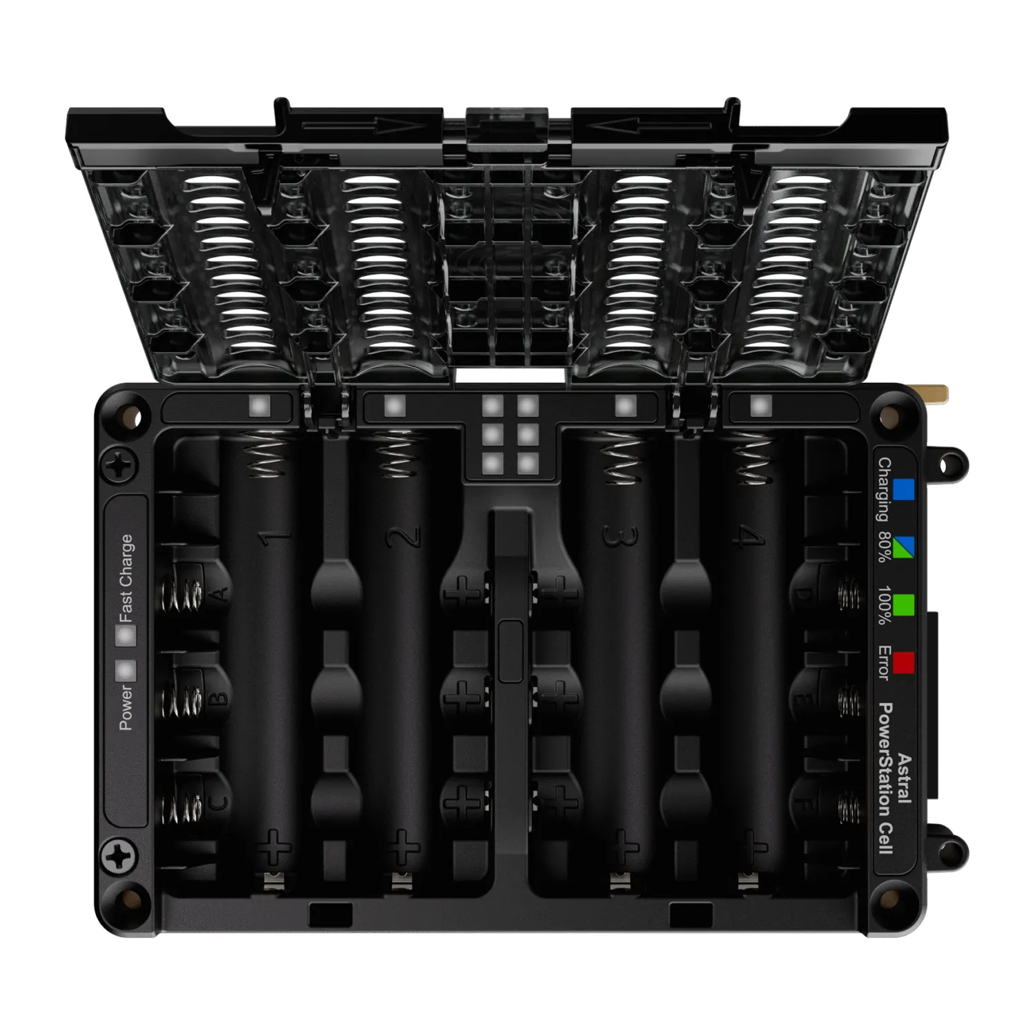 Sound Devices Astral PowerStation Cell Battery Charger: The charger open and empty, with its door raised.