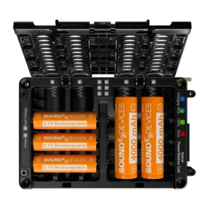 Sound Devices Astral PowerStation Cell Battery Charger: Loaded with XL-B14500 batteries on the left and XL-B18650 batteries on the right.