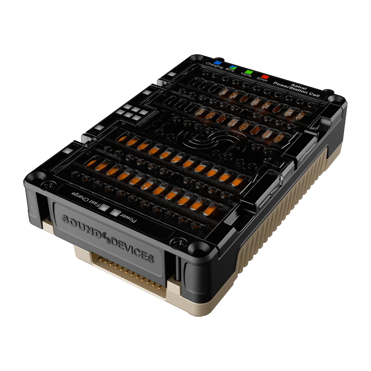 Sound Devices Astral PowerStation Cell Battery Charger: At an angle with its door closed.
