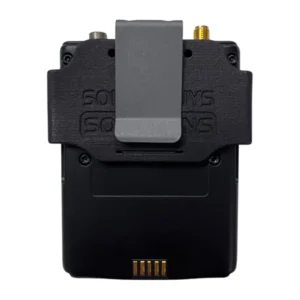 Sound Guys Solutions AD1 Metal Belt Clip, back of a Shure AD1 bodypack in the black plastic sleeve with the stainless steel belt clip.