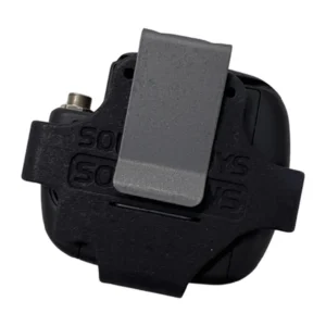 Sound Guys Solutions ADX1M Metal Belt Clip, back of a Shure ADX1M micro-bodypack in the black plastic sleeve with the stainless steel belt clip.