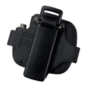 Sound Guys Solutions ADX1M S-Clip Spring Clip, back of a Shure ADX1M micro-bodypack in the black plastic sleeve with the plastic spring clip.