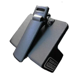Sound Guys Solutions URX Clip Spring Clip for Zaxcom URX100, black URX Clip sleeve with its plastic spring clip seen from the back.