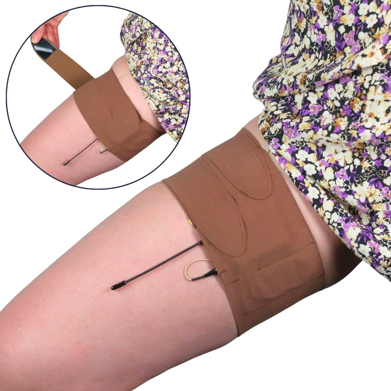 URSA Thigh Strap - Caramel with the split end, worn around the thigh under a floral skirt with a lav cable leading out, and an inset of one end being fastened.