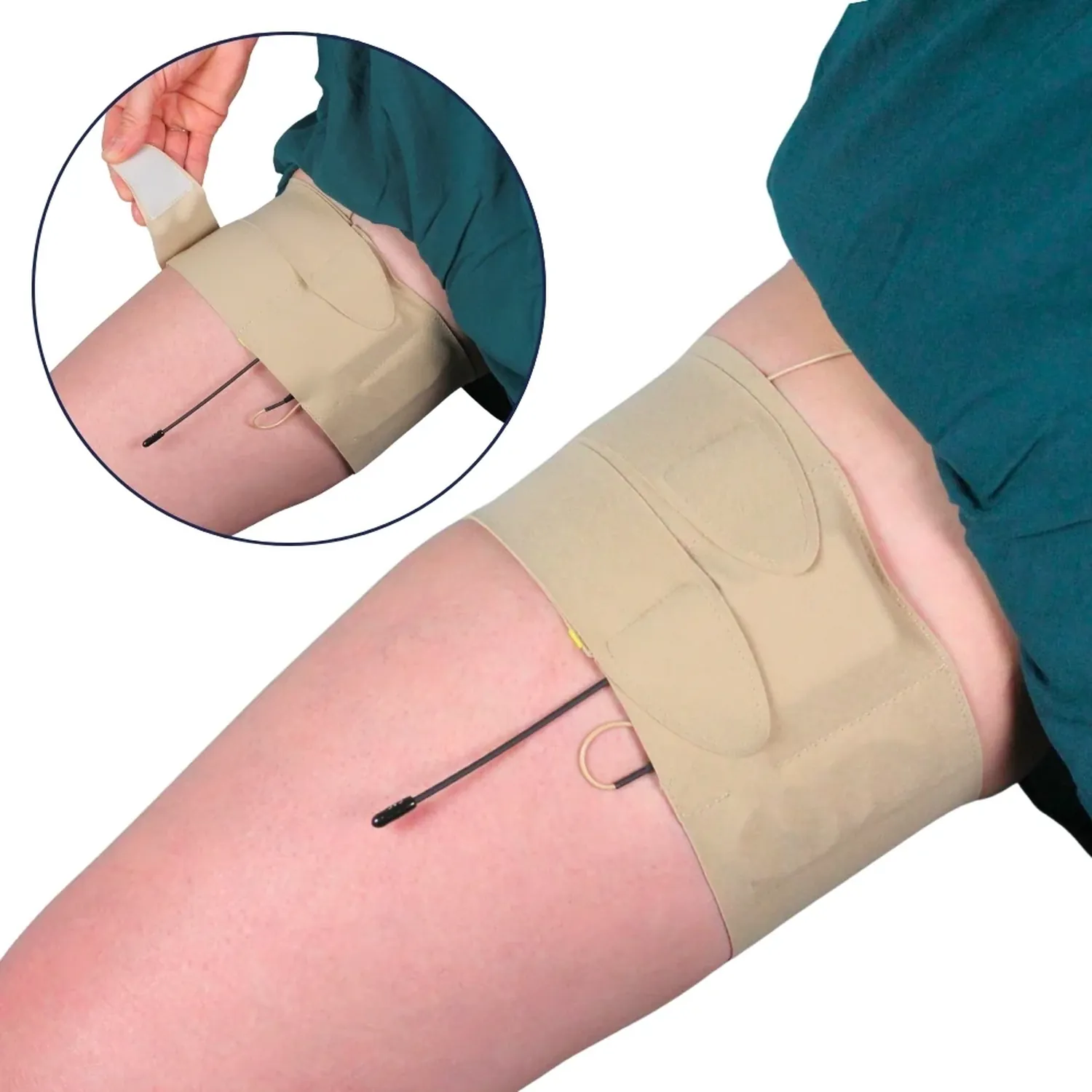 URSA Thigh Strap - Beige with the split end, worn around a bare thigh with a lav cable leading from the pouch, and an inset of one end being fastened.