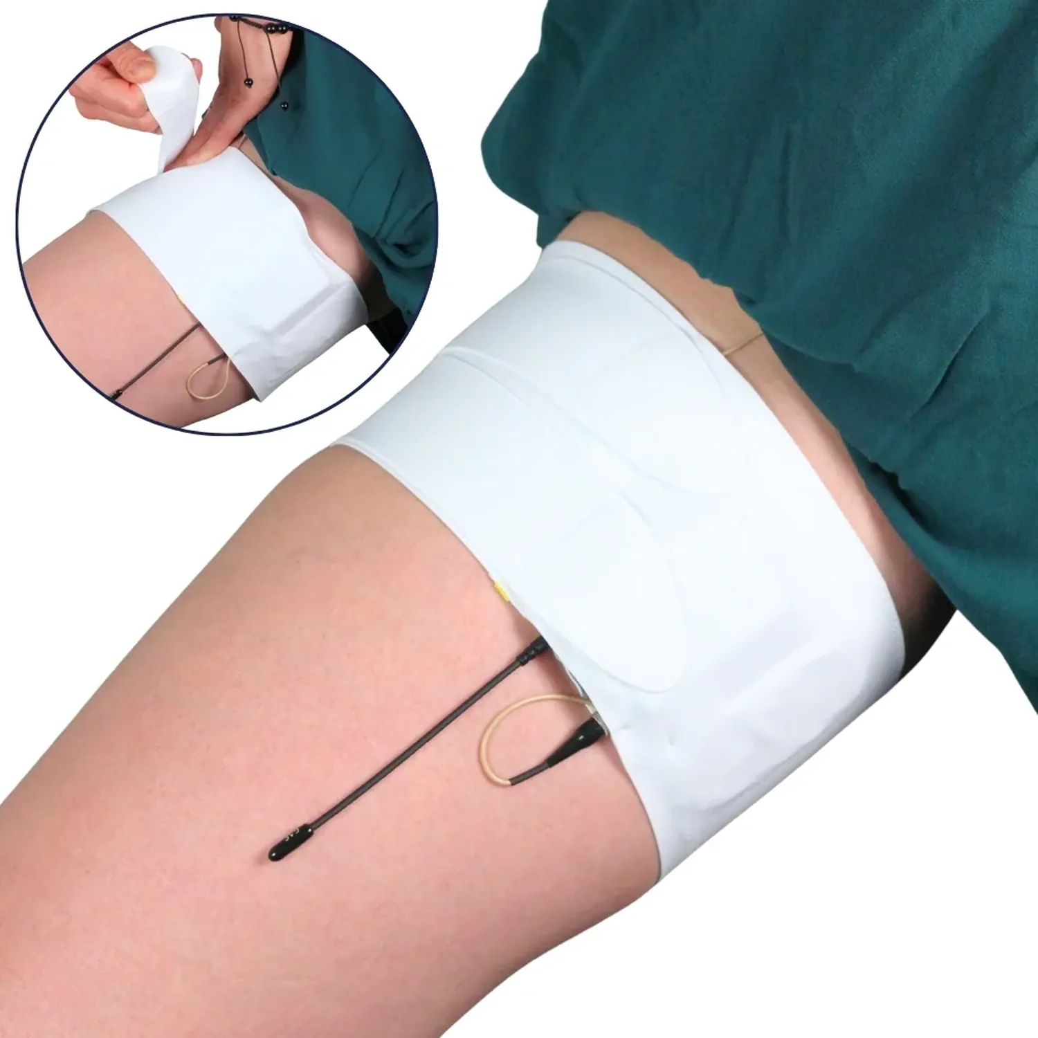 URSA Thigh Strap - White with the split end, worn around the thigh with a lav cable leading from the pouch, and an inset of one end being pressed down.