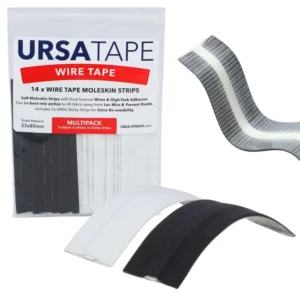 URSA Wire Tape Moleskin Strips for Lav Mics (14-Pack): the multipack in its bag beside a black and a white strip bent into arches, with a strip seen end-on to show its two internal wires.