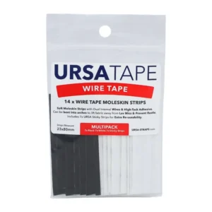 URSA Wire Tape Moleskin Strips for Lav Mics (14-Pack): the front of the multipack bag, holding seven black and seven white strips.