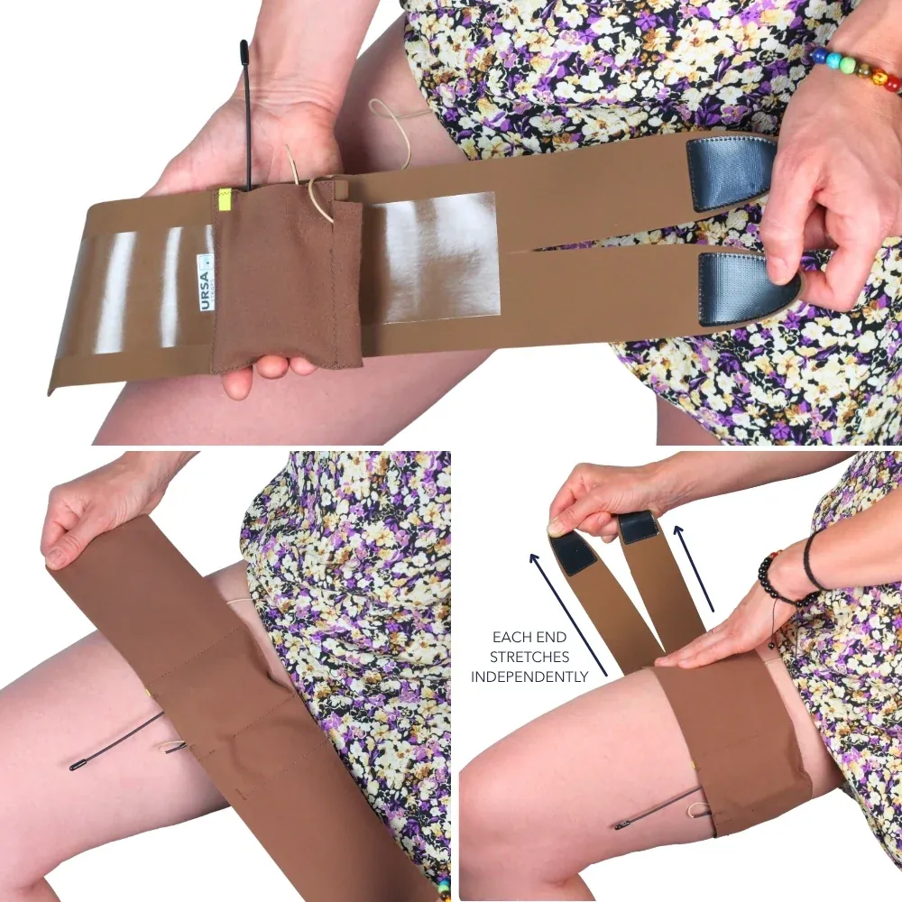 URSA Thigh Strap in caramel held open to show its two split ends and pouch, then wrapped around the thigh with each end stretched on its own.