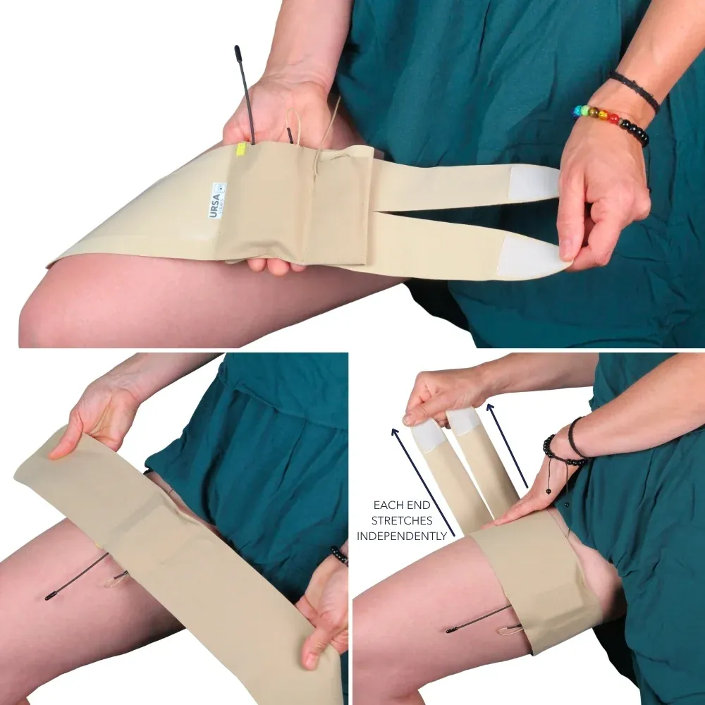 URSA Thigh Strap in beige held open to show its two split ends, then wrapped around the thigh with each end stretched and fastened on its own.