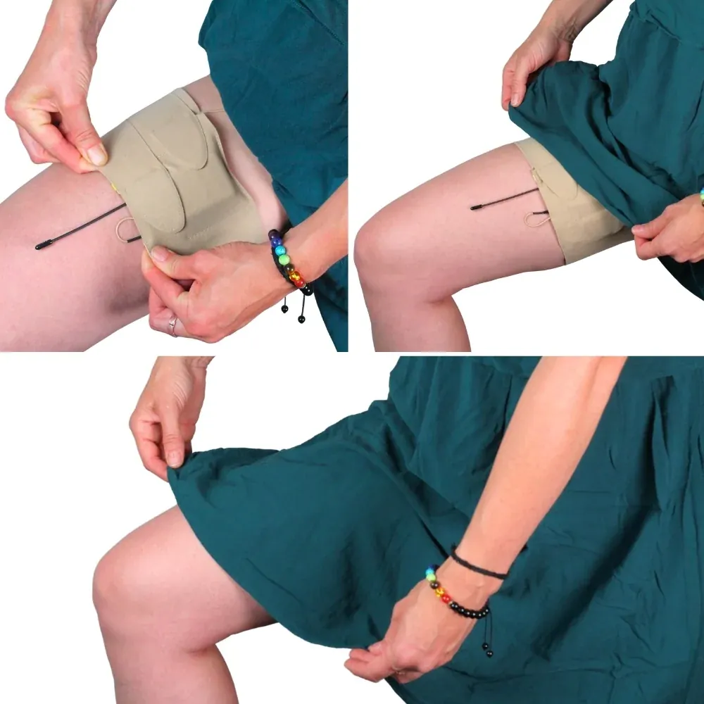 URSA Thigh Strap in beige with a transmitter going into the pouch on the thigh, and the strap hidden out of sight under a skirt.