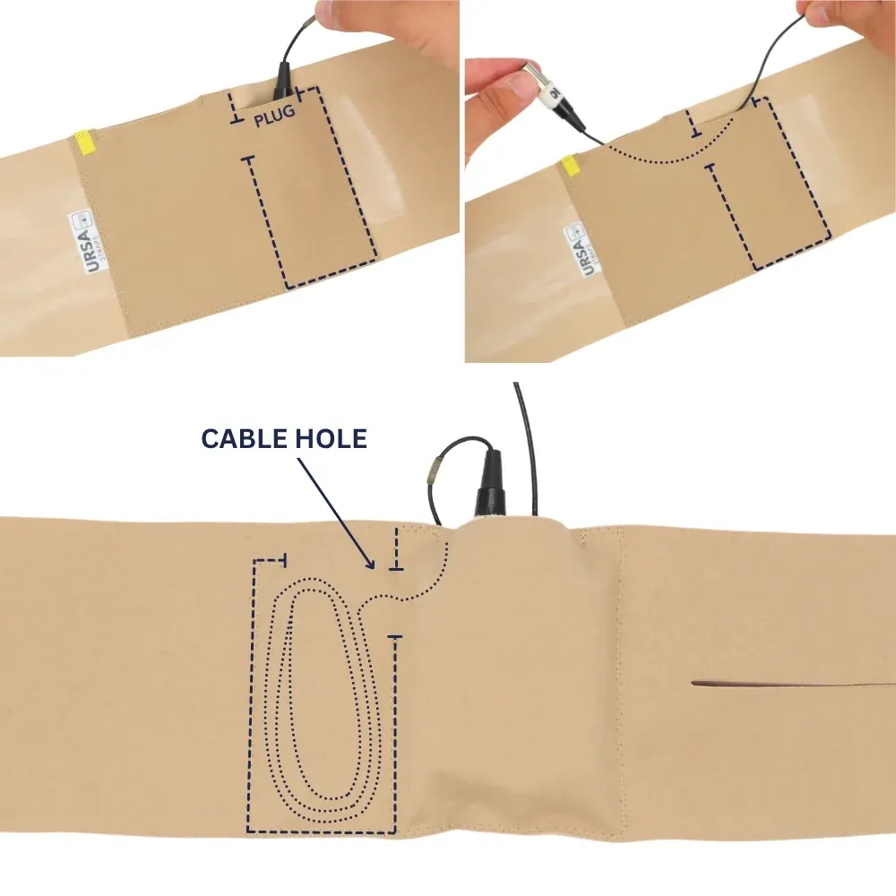 URSA Thigh Strap cable hole, with a lav plug fed through it into the pouch and the cable's path inside the strap marked with dotted lines.