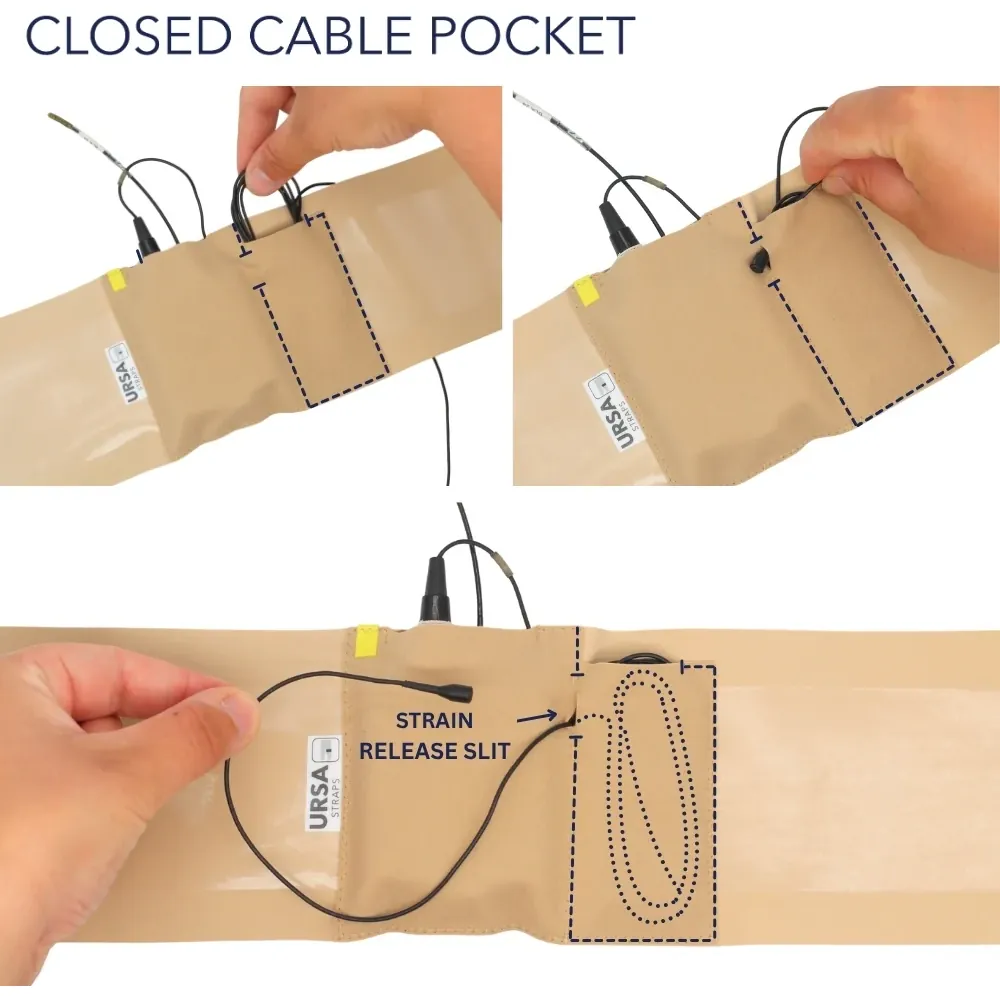 URSA Thigh Strap closed cable pocket beside the pouch, taking up spare mic cable, with the strain relief slit the cable passes through.