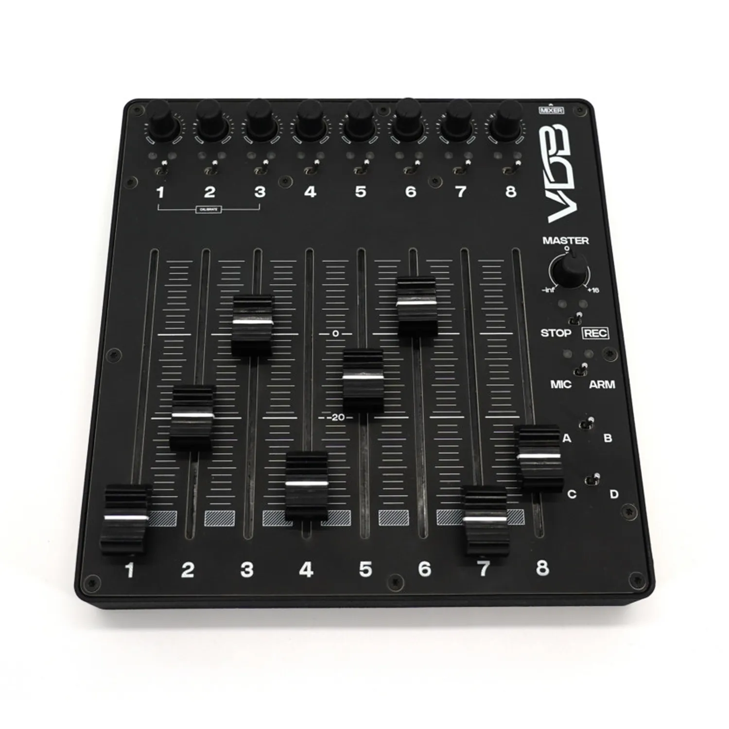 VDB Finger Control Surface 8, top view of the eight faders and trims.
