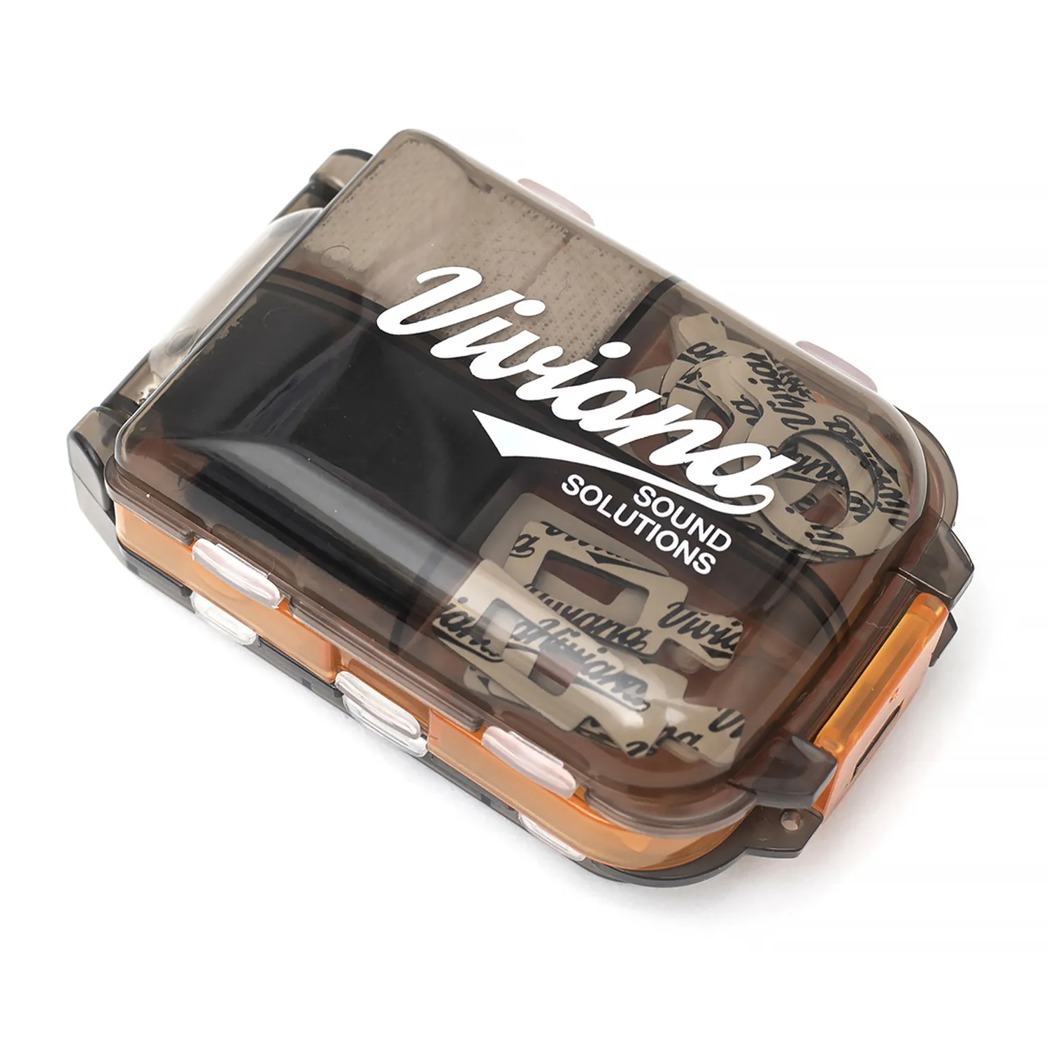 Viviana Accessories Box - Orange: the orange box from above, its clear lid showing the lav supplies inside.