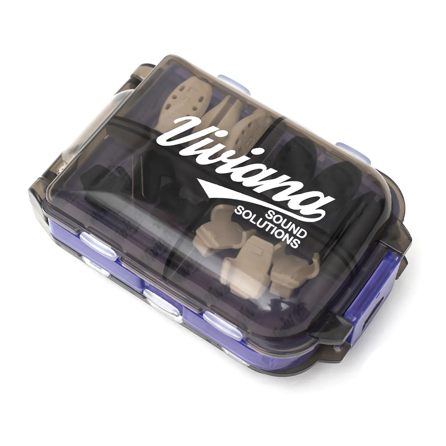 Viviana Accessories Box - Purple: the purple box from above, its clear lid showing the lav supplies inside.