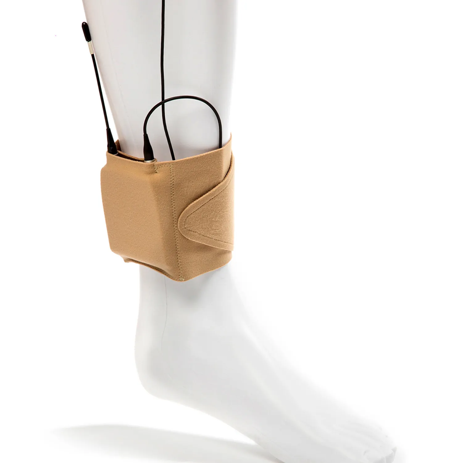 Viviana Straps Extreme Ankle in beige, worn on a mannequin's ankle with a bodypack transmitter in the pouch and its cable looped above.