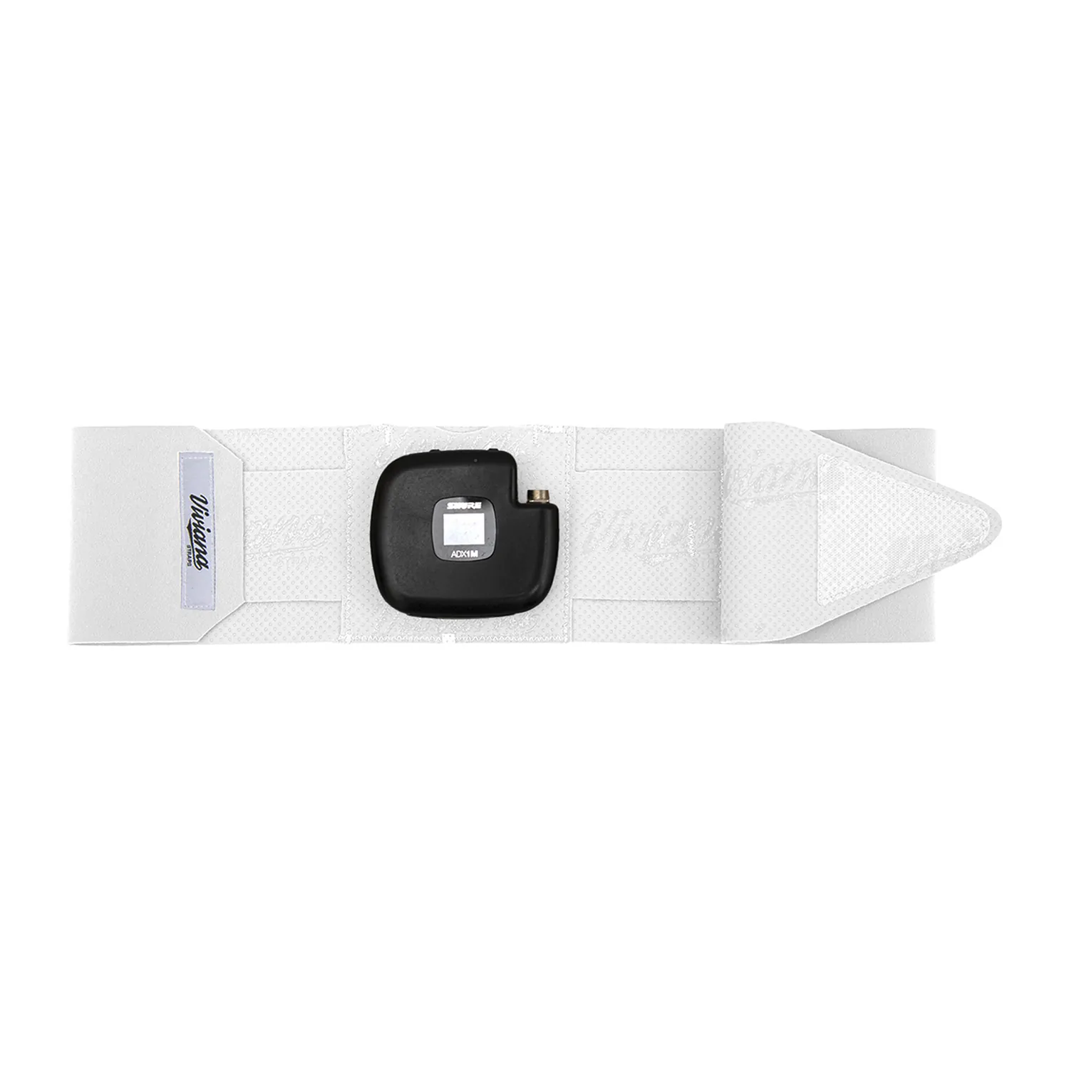 Viviana Straps Extreme Ankle for Shure ADX1M - White: a white strap laid flat with a Shure ADX1M in its pouch.