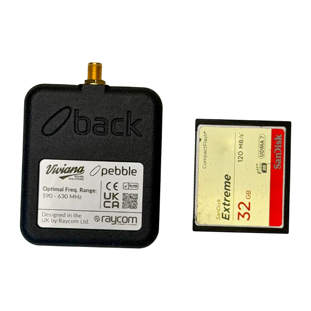 Viviana Pebble Body Wave Antenna: the back beside a CompactFlash card, for scale.