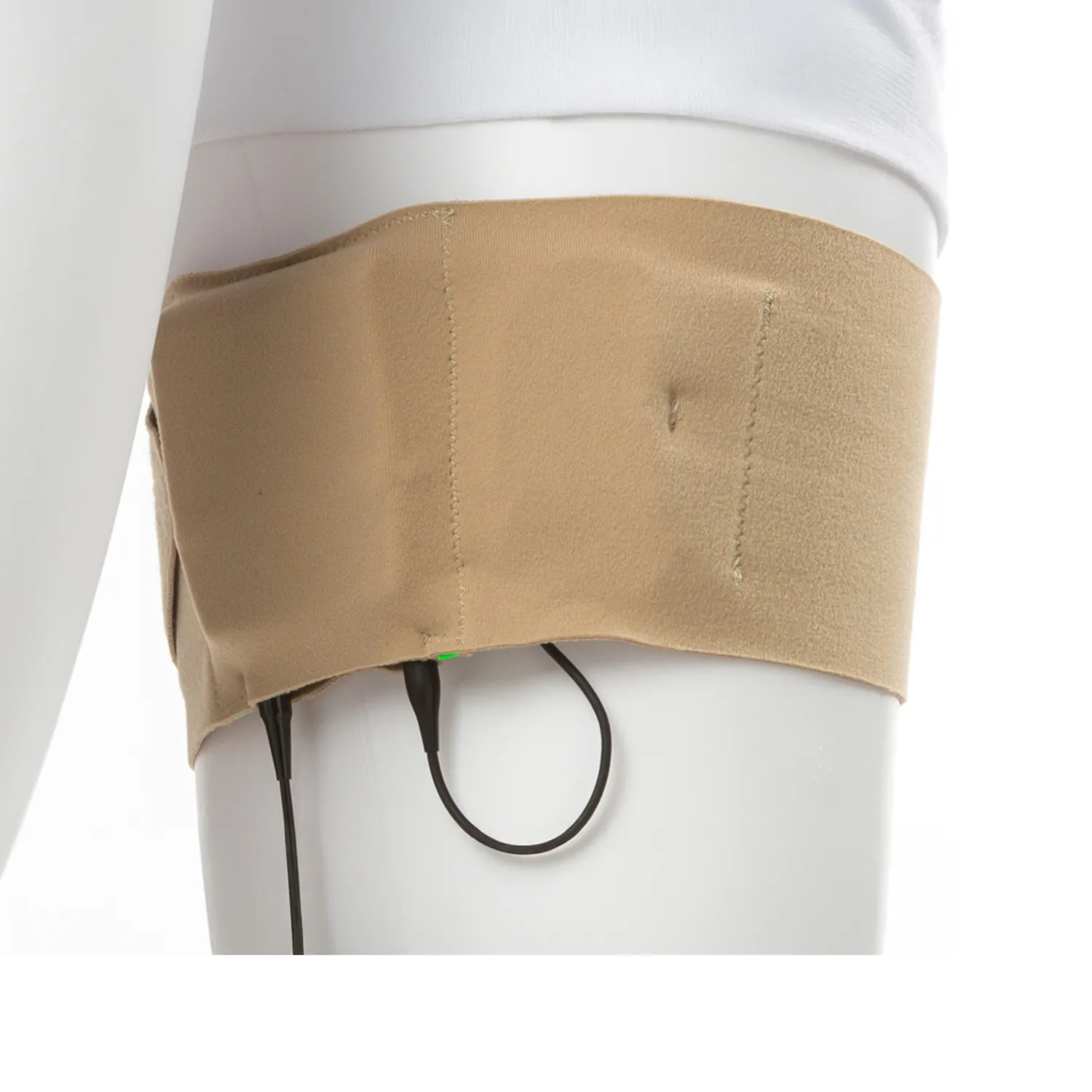 Viviana Straps Extreme Thigh Low Profile - Beige: a beige strap on a mannequin's thigh with a transmitter cable.
