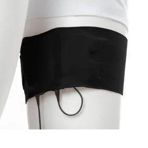Viviana Straps Extreme Thigh (Vertical Pouch) in black, worn around a mannequin's thigh with a transmitter in the pouch and its cable looped below.