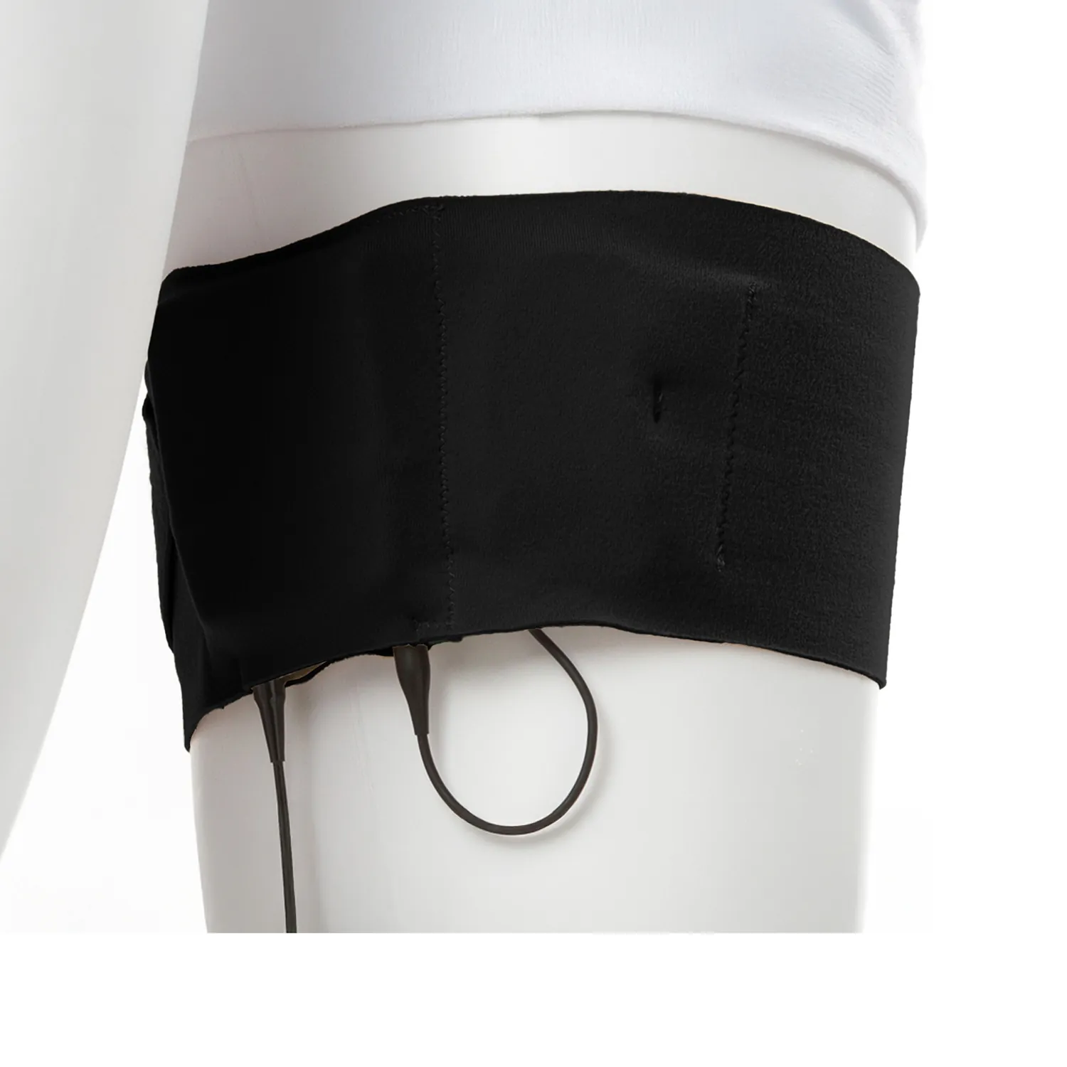 Viviana Straps Extreme Thigh (Vertical Pouch) in black, worn around a mannequin's thigh with a transmitter in the pouch and its cable looped below.