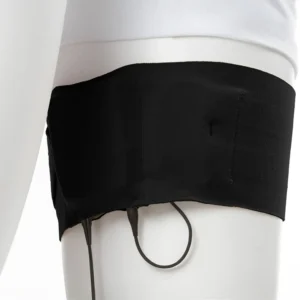 Viviana Straps Extreme Thigh (Vertical Pouch) in black, worn around a mannequin's thigh with a transmitter in the pouch and its cable looped below.