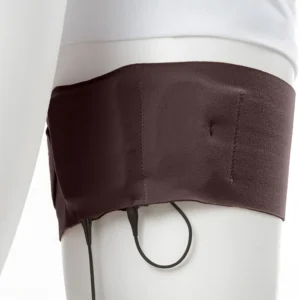 Viviana Straps Extreme Thigh (Vertical Pouch) in brown, worn around a mannequin's thigh with a transmitter in the pouch and its cable looped below.