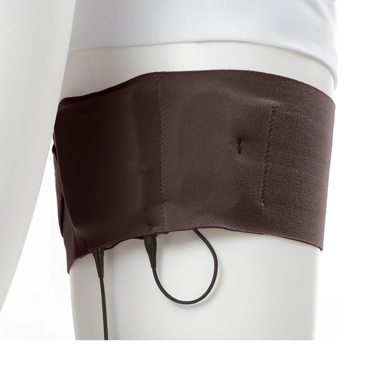 Viviana Straps Extreme Thigh (Vertical Pouch) in brown, worn around a mannequin's thigh with a transmitter in the pouch and its cable looped below.