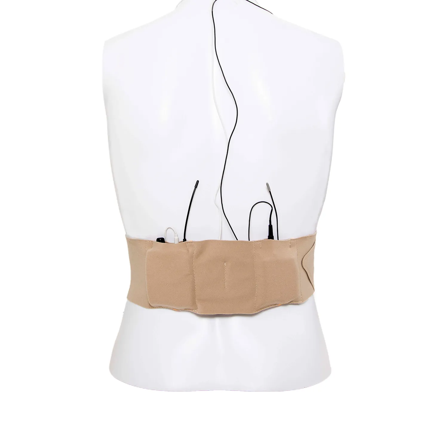 Viviana Straps Extreme Waist Low Profile Double Pouch - Beige: a beige strap worn on a mannequin's waist with two transmitters.