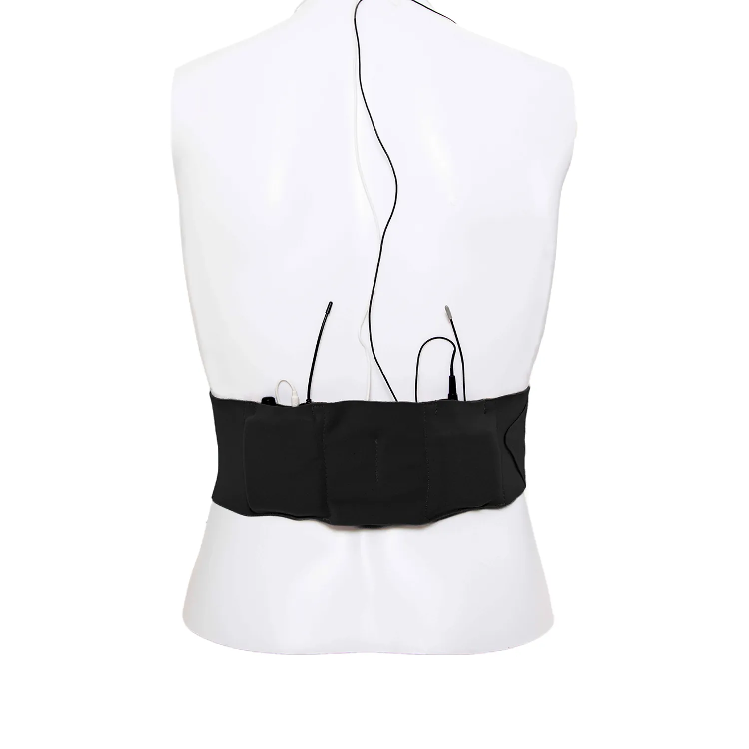 Viviana Straps Extreme Waist Low Profile Double Pouch - Black: a black strap worn on a mannequin's waist with two transmitters.