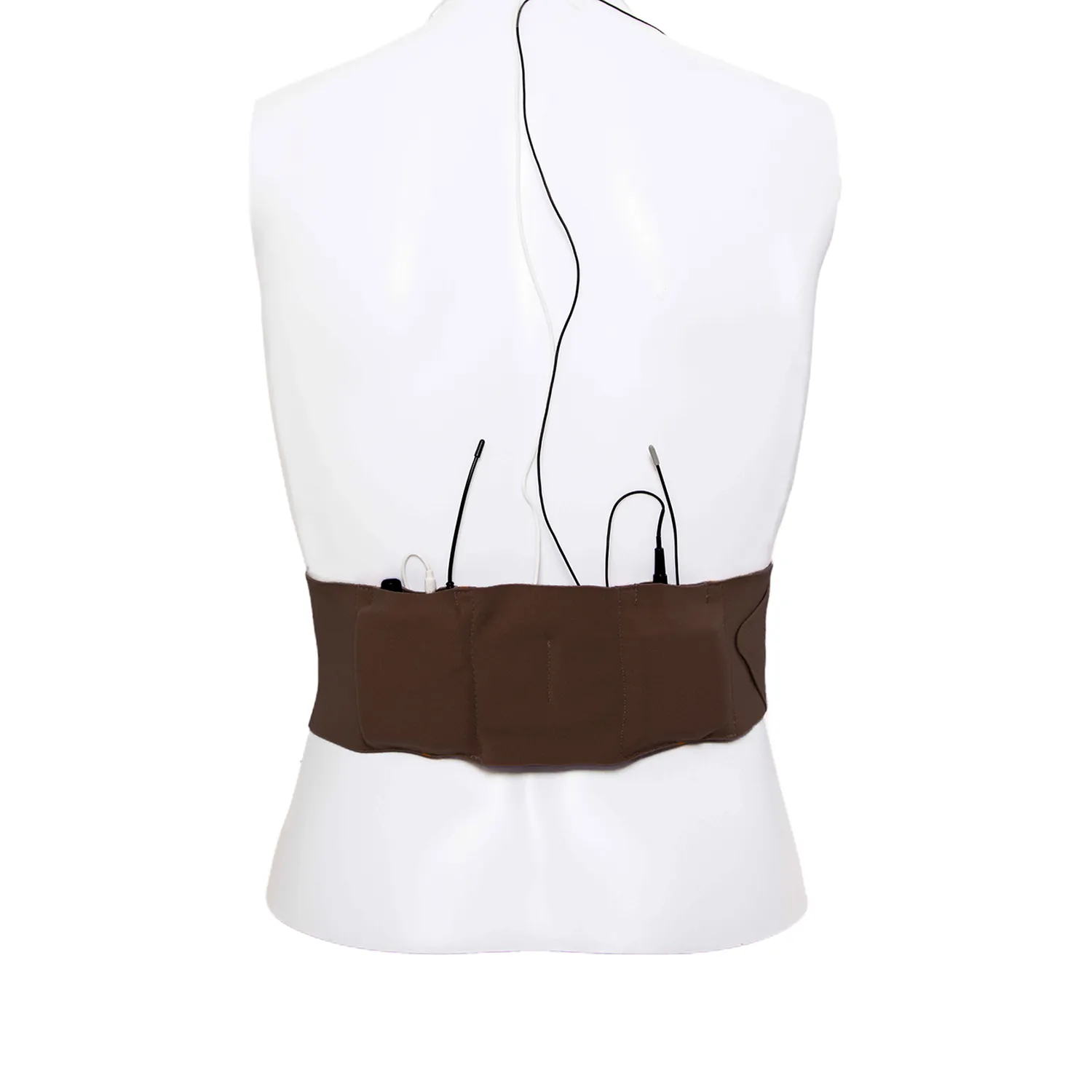Viviana Straps Extreme Waist Low Profile Double Pouch - Brown: a brown strap worn on a mannequin's waist with two transmitters.