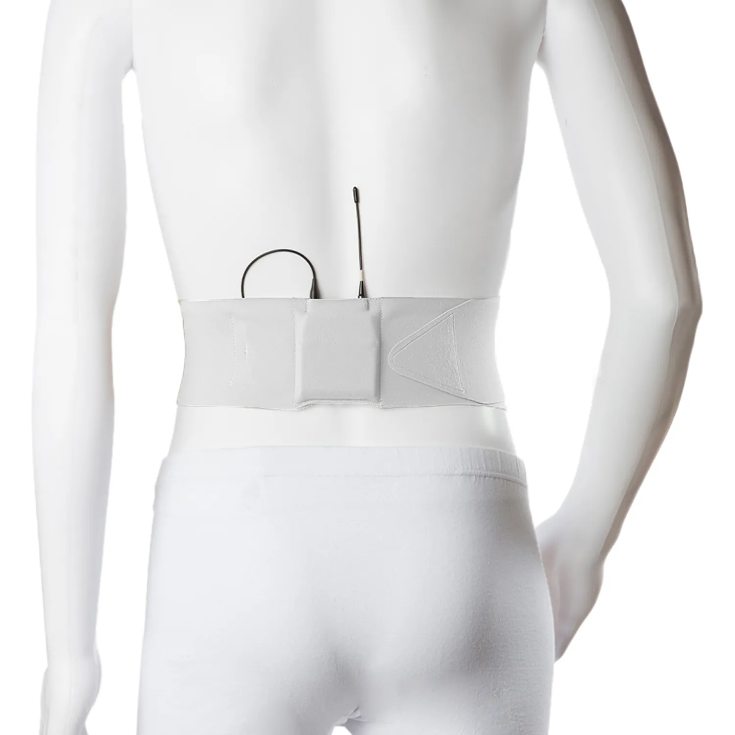 Viviana Straps Extreme Waist in white, worn around a mannequin's waist with a transmitter in the pouch at the back.