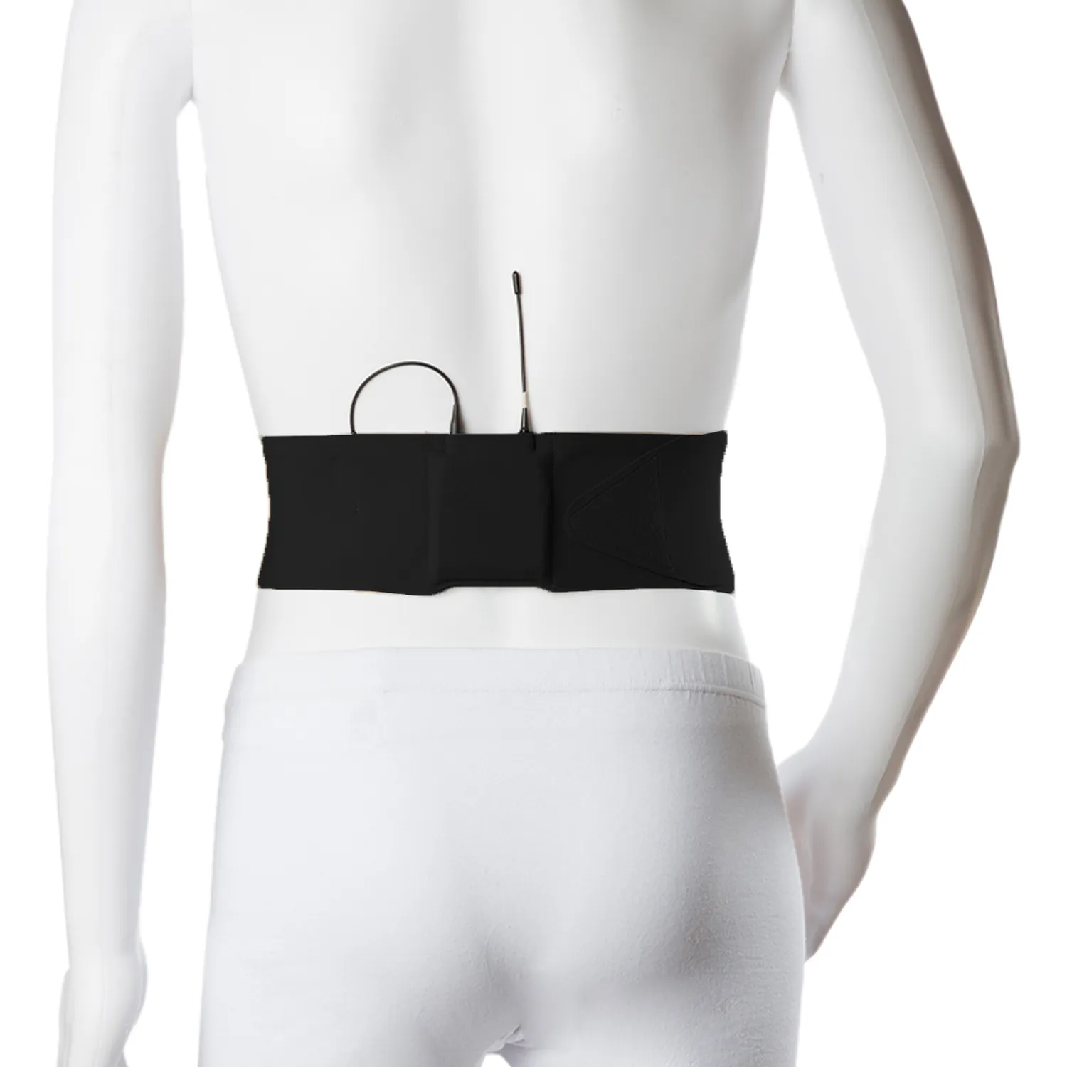 Viviana Straps Original Waist in black, worn around a mannequin's waist with a transmitter in the pouch at the back.
