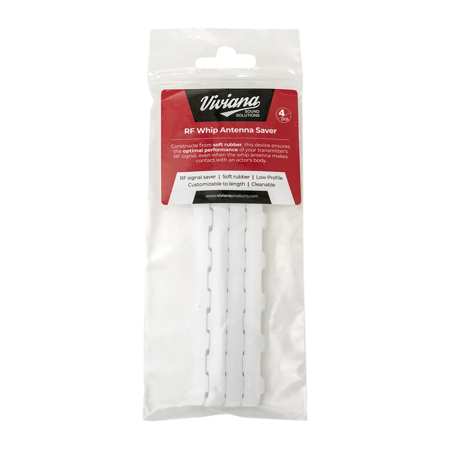 Viviana RF Saver for Transmitter Whip Antennas: four white RF Savers in the retail bag.