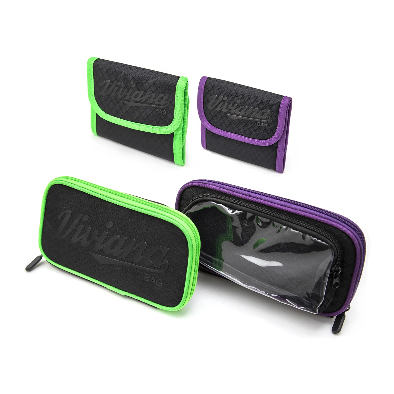 Viviana Bag: small and big bags in green and purple.