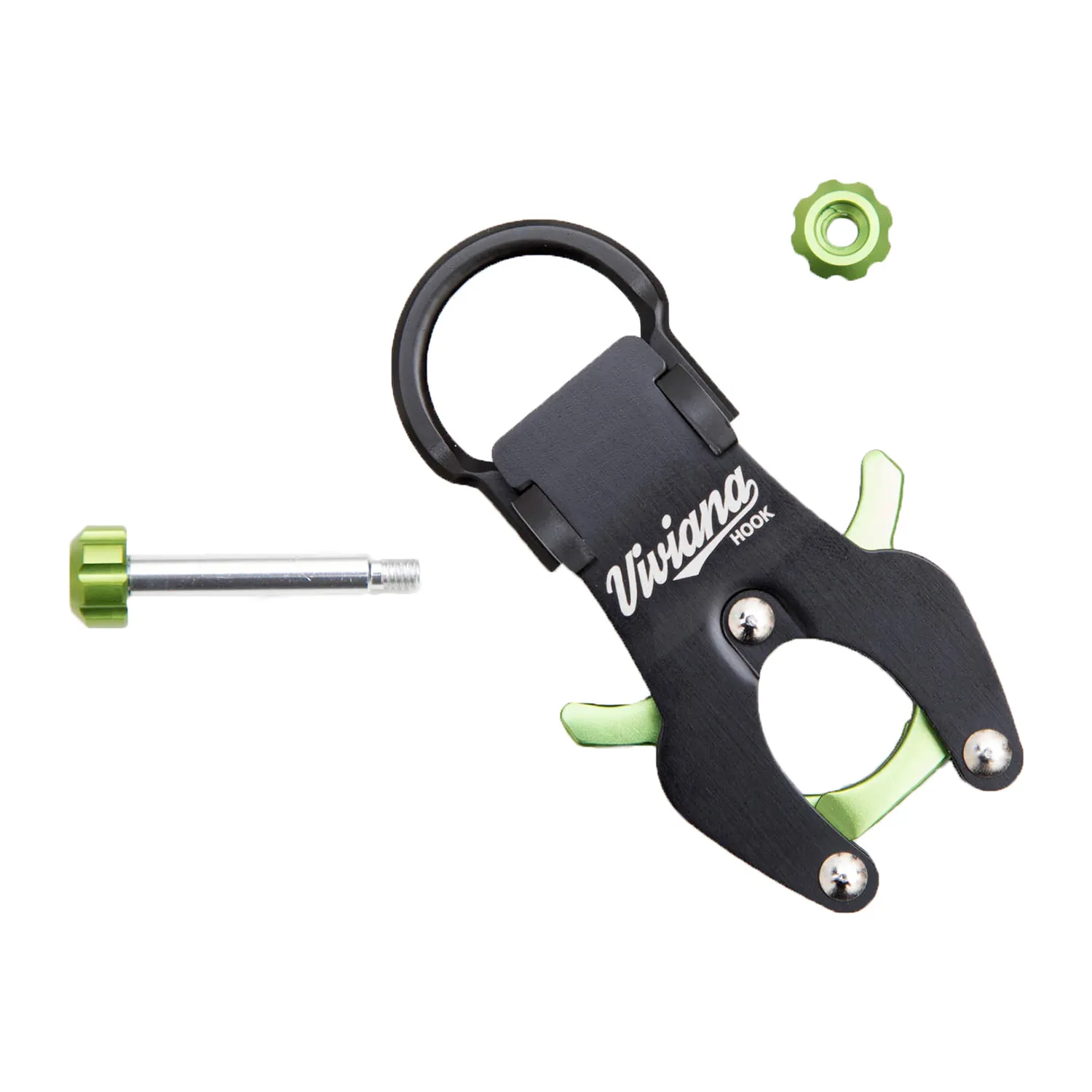 Viviana Hook Carabiner for Sound Bags: green hook with its pin and nut.