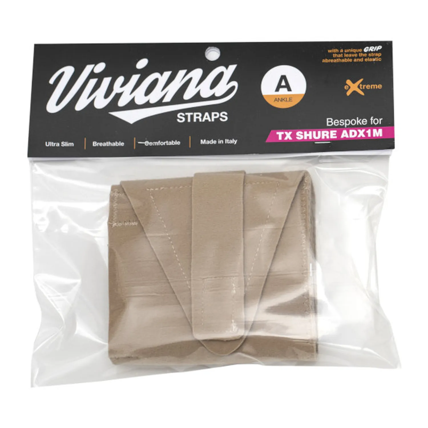 Viviana Straps Extreme Ankle for Shure ADX1M: the beige strap in its pack.