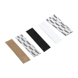 Viviana Moleskin Original Lav Mic Tape Strips: beige, black, and white strips with their backing.