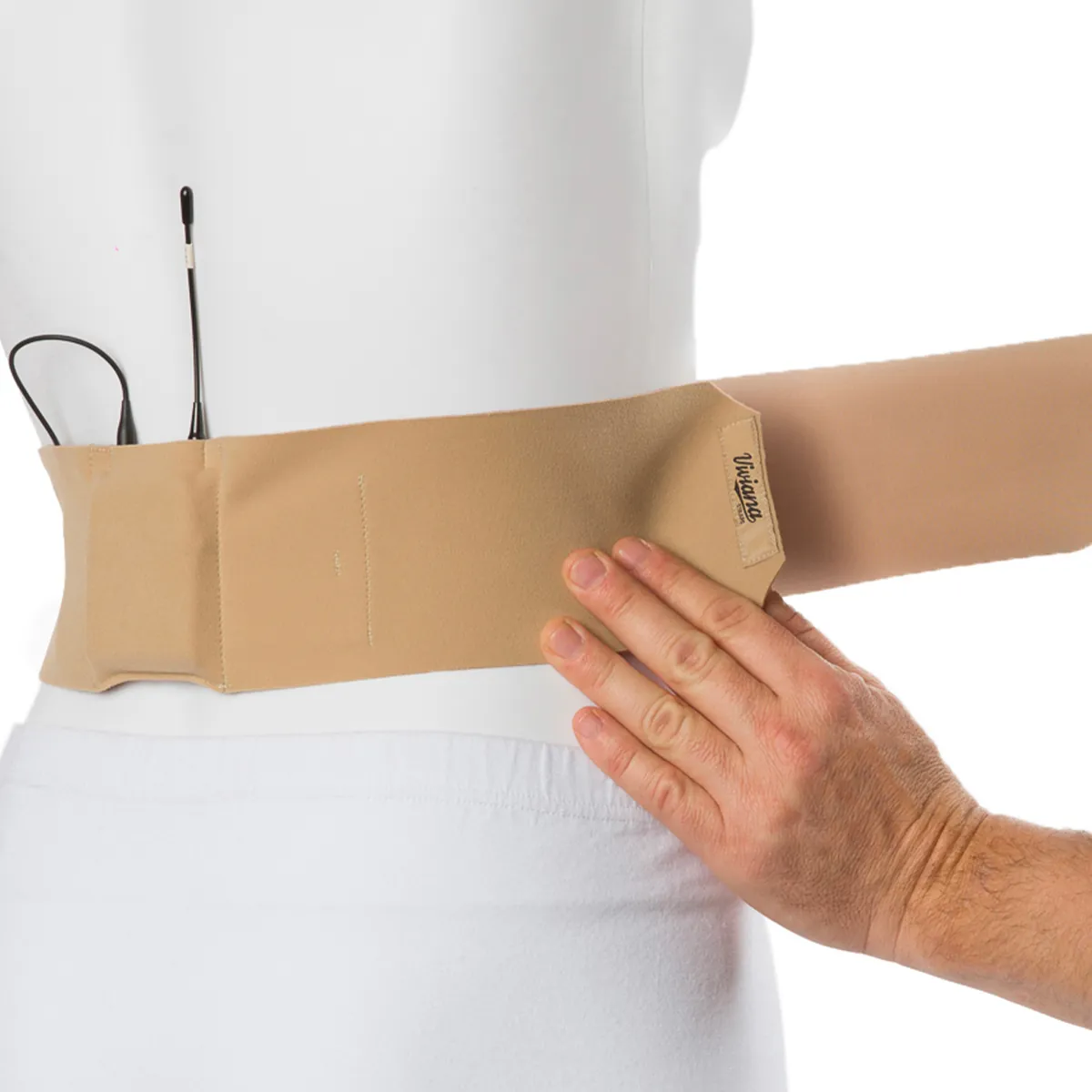 Viviana Straps Original Waist: hands fastening a beige waist strap around a mannequin's waist with a transmitter in the pouch.