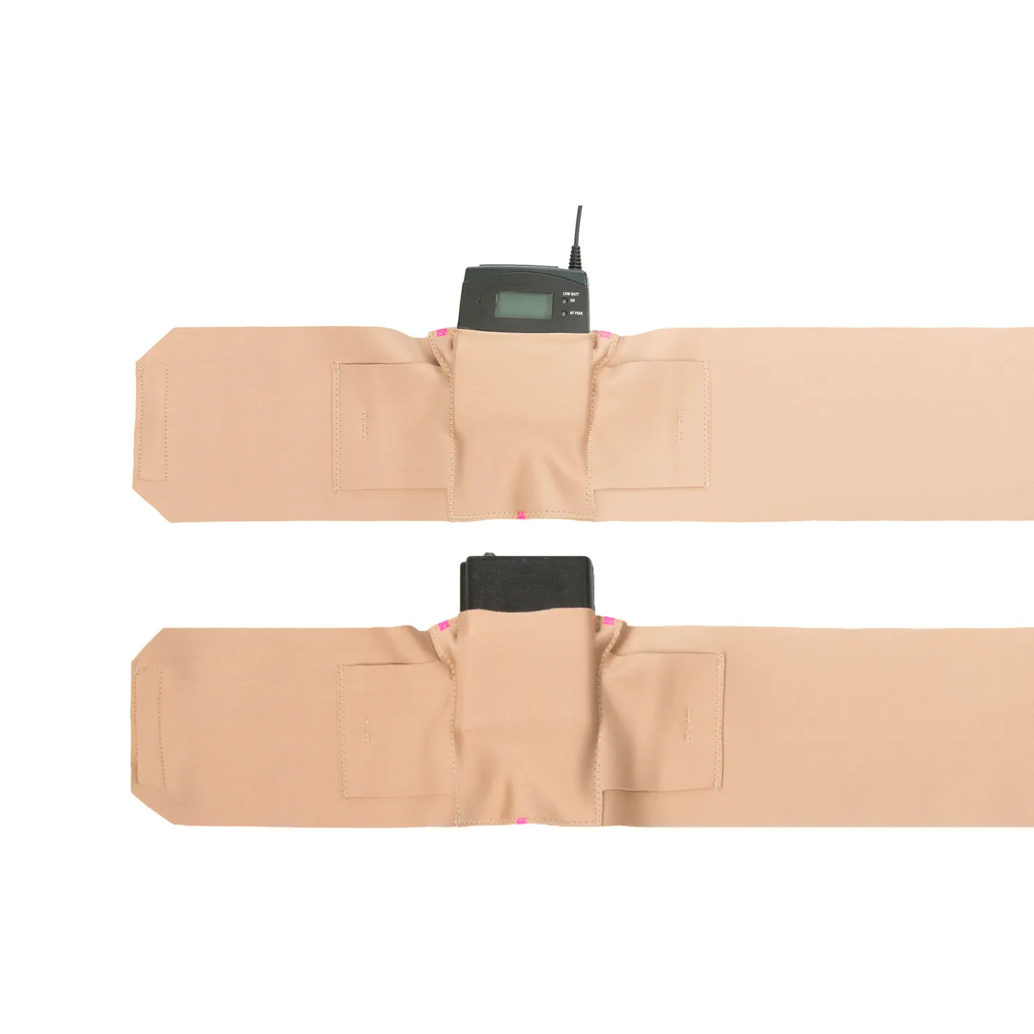 Viviana Straps Original Waist: two beige waist straps laid flat, each with a transmitter tucked into its pouch.