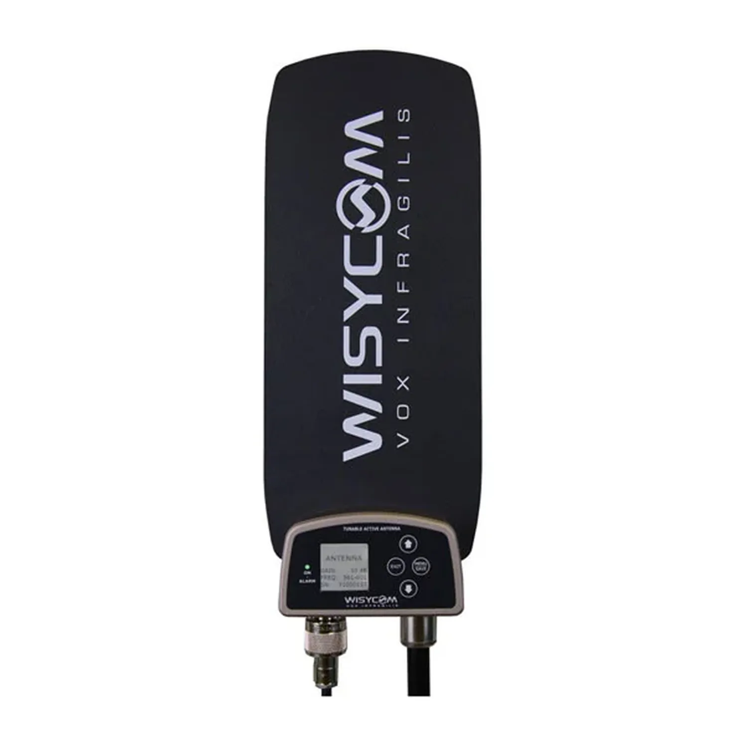 Wisycom ADFA Wideband Omnidirectional Active Antenna: The ADFA omnidirectional antenna in its black housing with its connector.