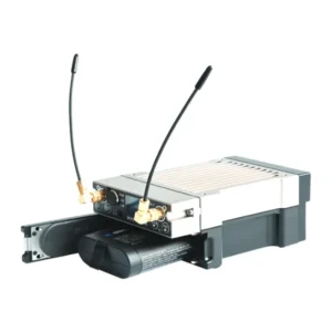Wisycom BCA54 Battery Module for MCR54 Receiver: An MCR54 receiver mounted on the BCA54 battery module, antennas fitted.