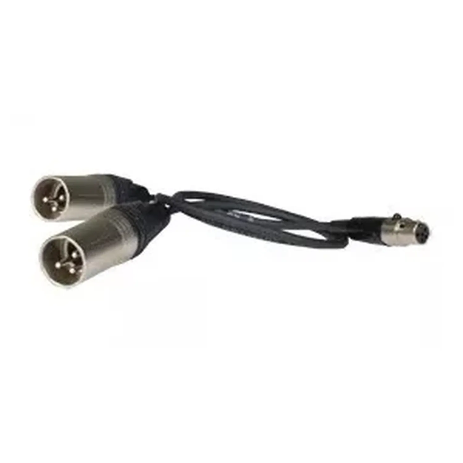 Wisycom CAM50-3 TA5F to Dual XLR-3M Audio Cable: The CAM50-3 cable with its mini XLR and two XLR connectors.
