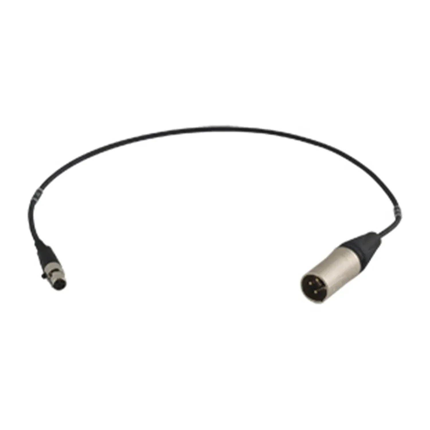 Wisycom CAM50-41 TA5F to XLR-3M Audio Cable: The CAM50-41 cable with its mini XLR and XLR-3M connectors.